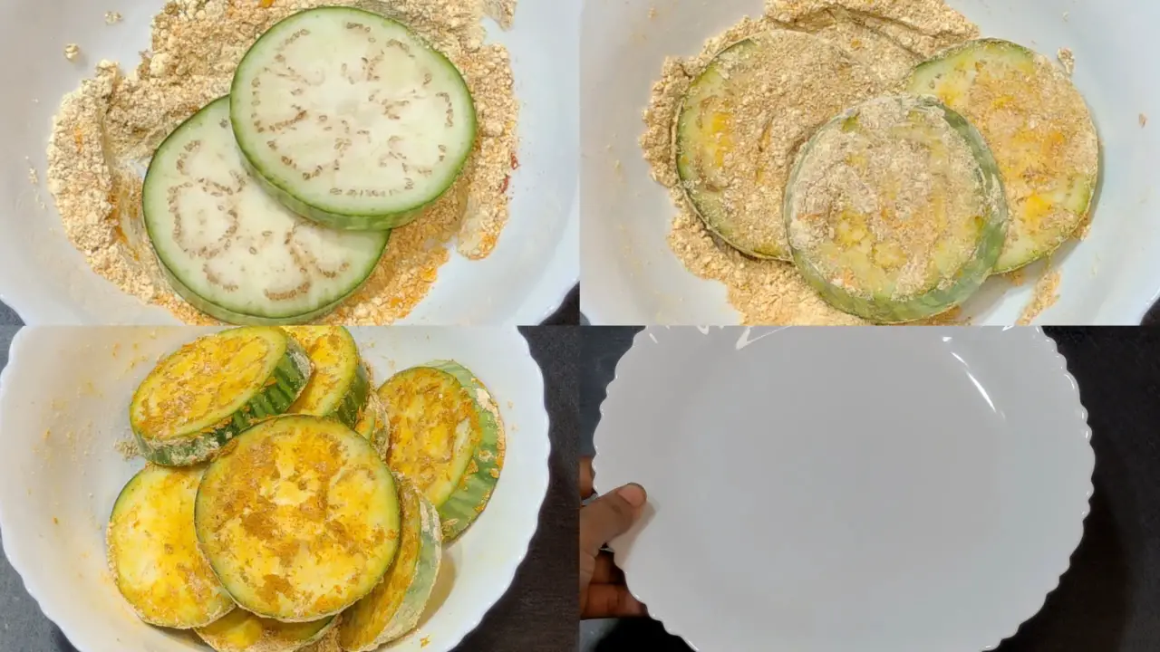 Adding the eggplant pieces to the dry mixture