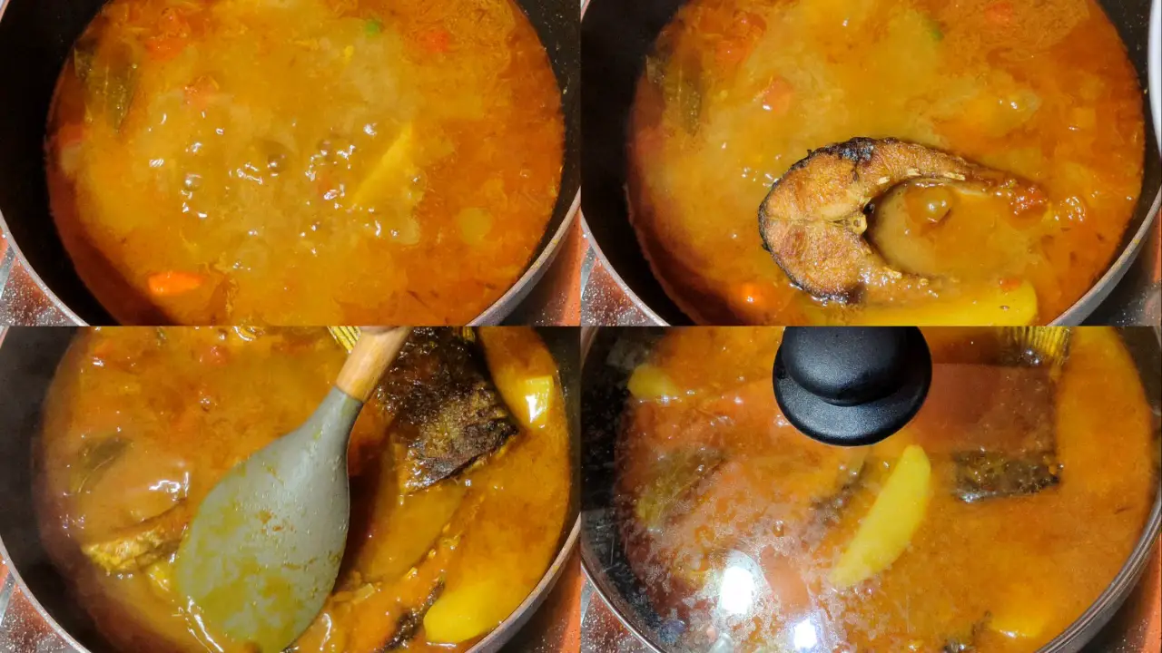 Adding the fried fish pieces