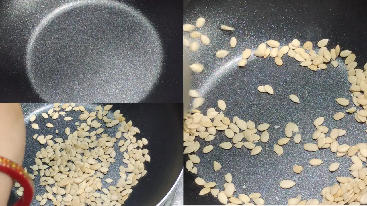 Dry roasting the magaz or melon seeds