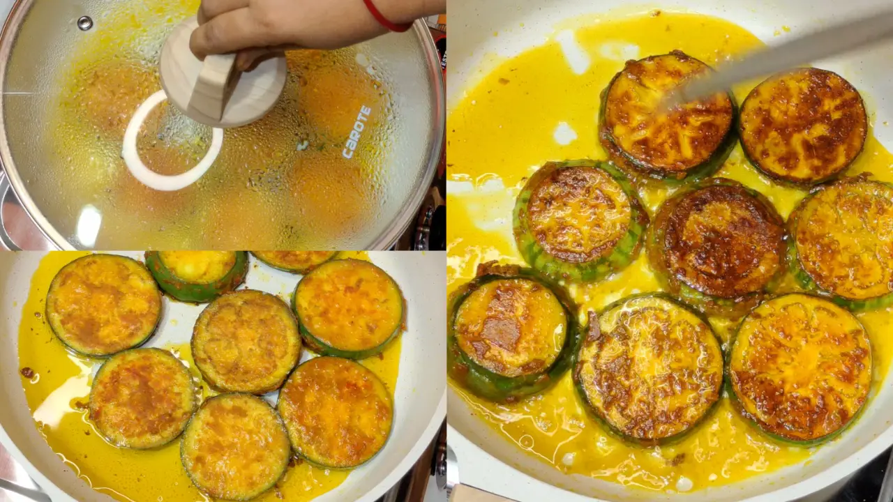 Flipping the eggplant slices