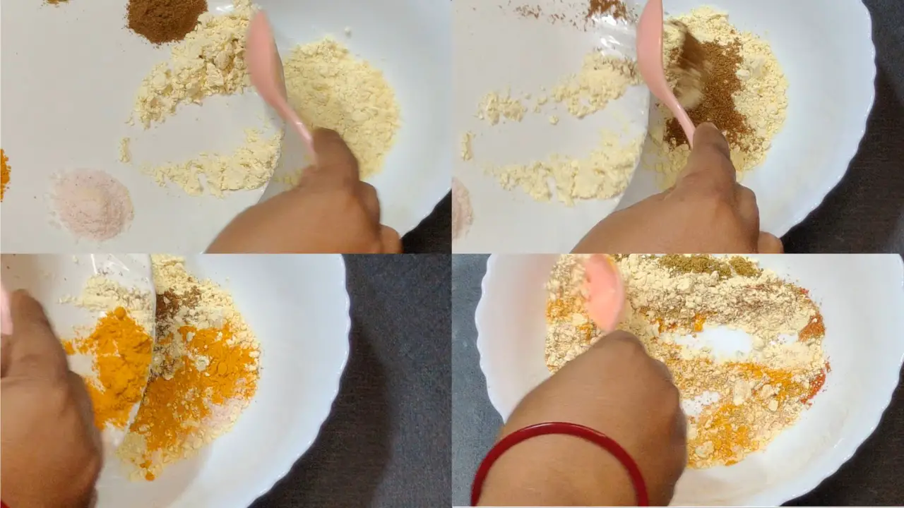 Mixing salt, gram flour, cumin powder, coriander powder, red chili powder, and turmeric powder