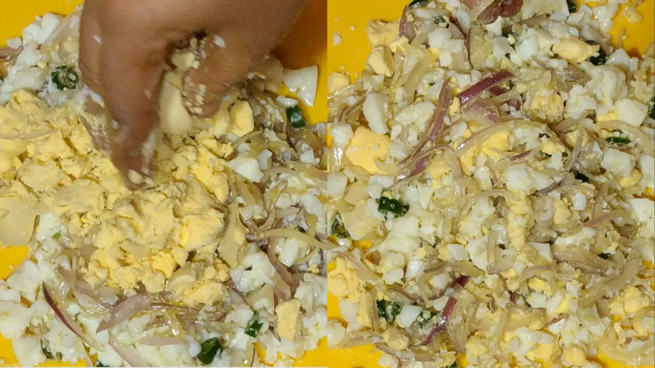 Introduce the reserved yolks into the mixture and loosely blending them