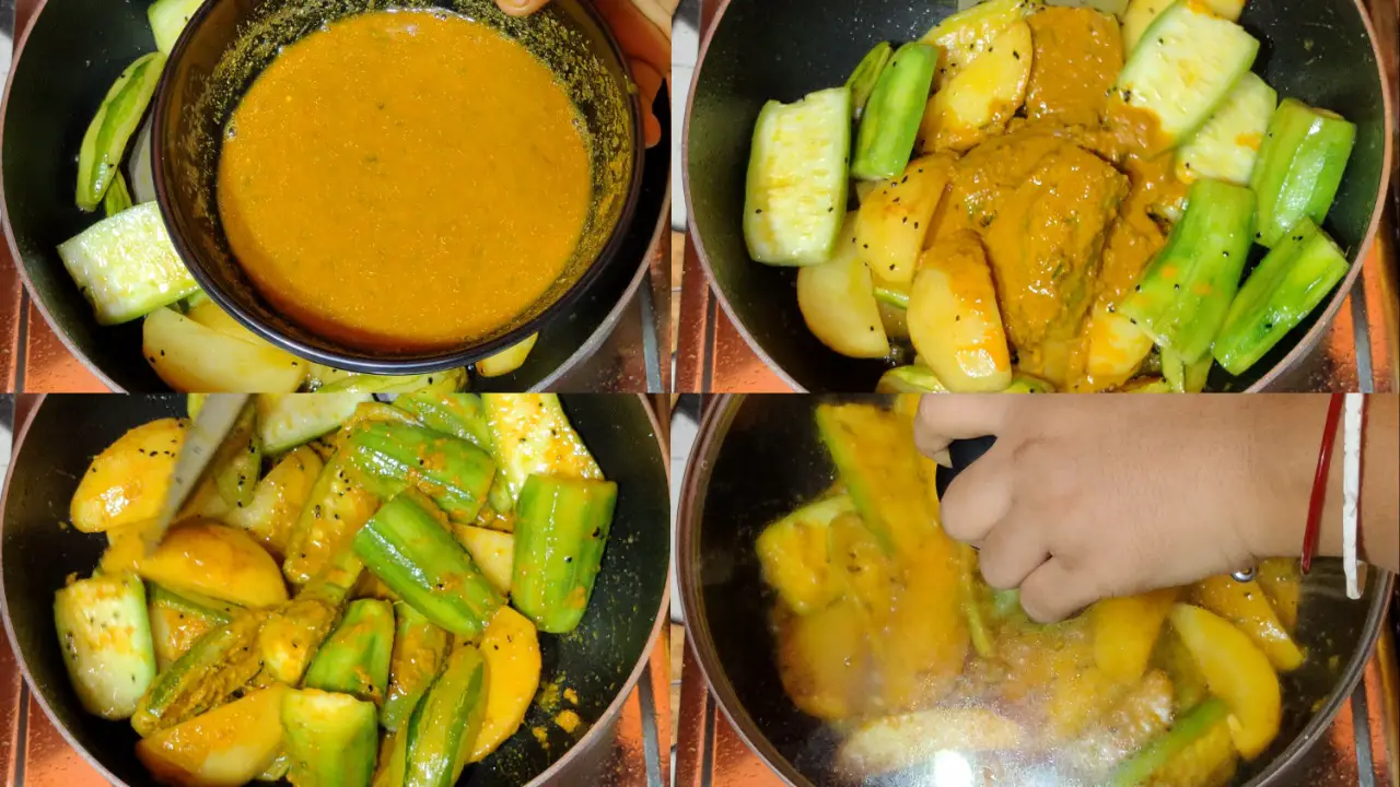 Preparing a paste with water, ginger paste, green chili paste, fennel powder, coriander powder, turmeric powder & Kashmiri red chili powder and adding the paste into the wok