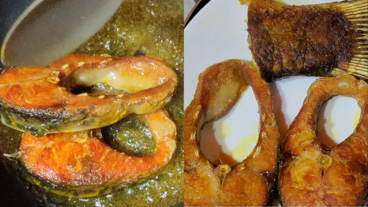 Taking out fried Rohu fish pieces