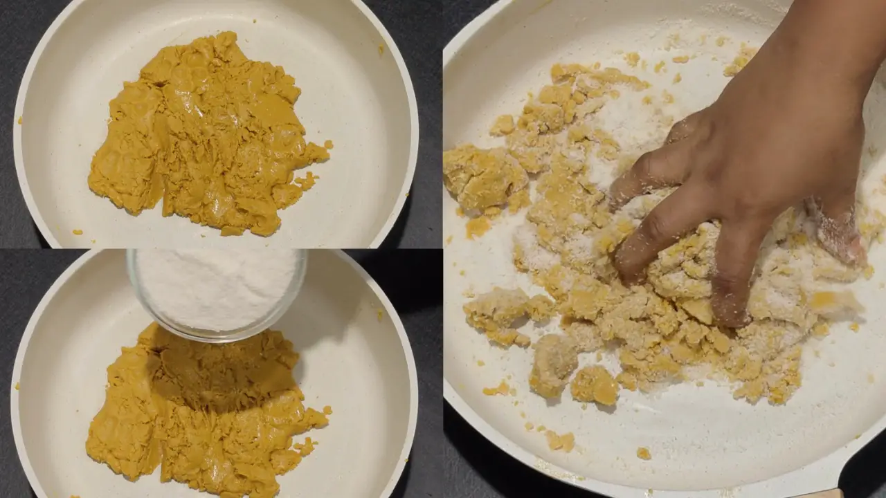 Adding boora shakkar or porous sugar into the gram flour mixture and mixing