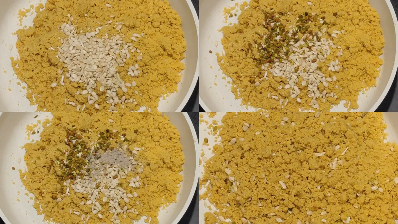 Adding the roasted melon seeds, pistachios, cashews, and cardamom powder to the mixture