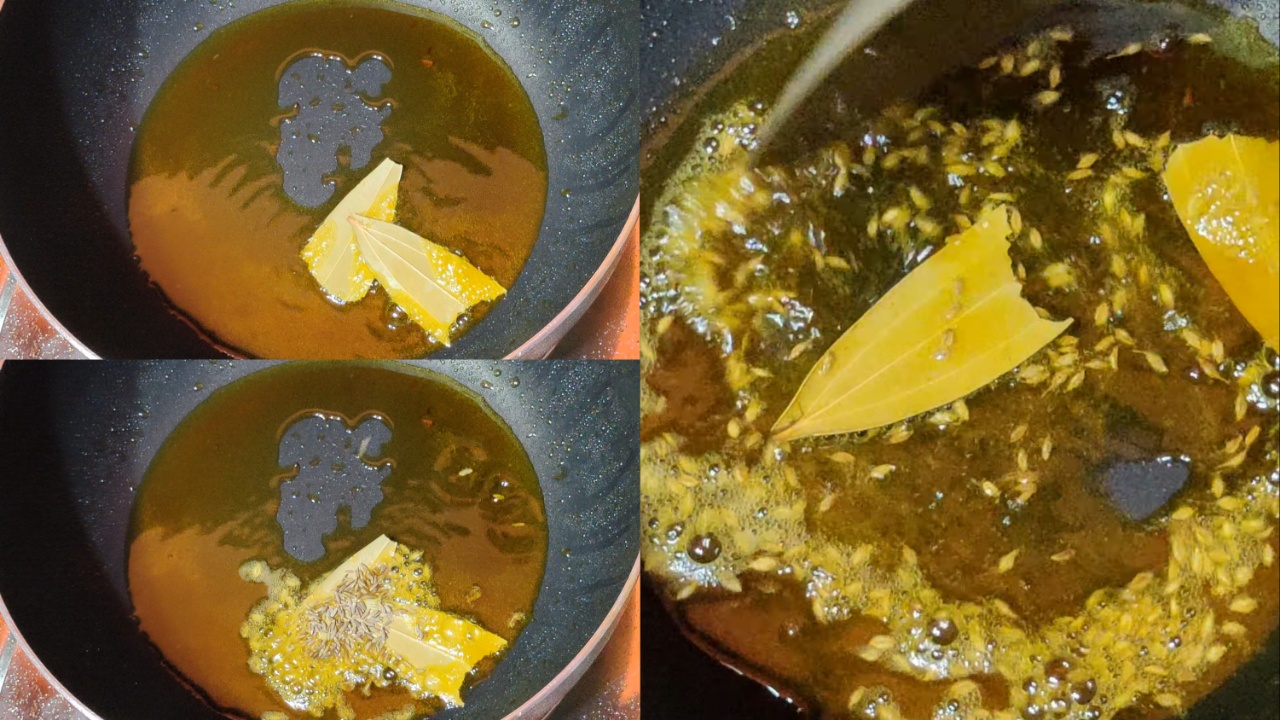 Adding bay leaf and cumin seeds into the oil and sautéing