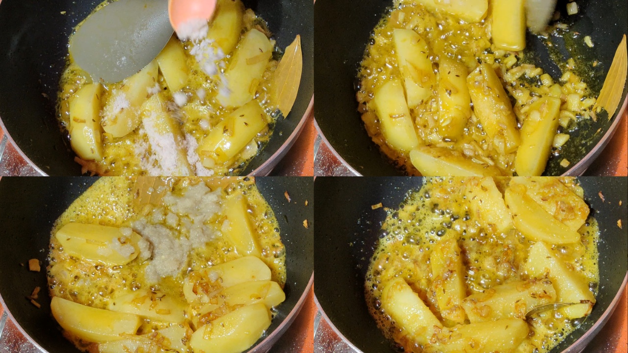 Adding salt, ginger-garlic paste and stirring