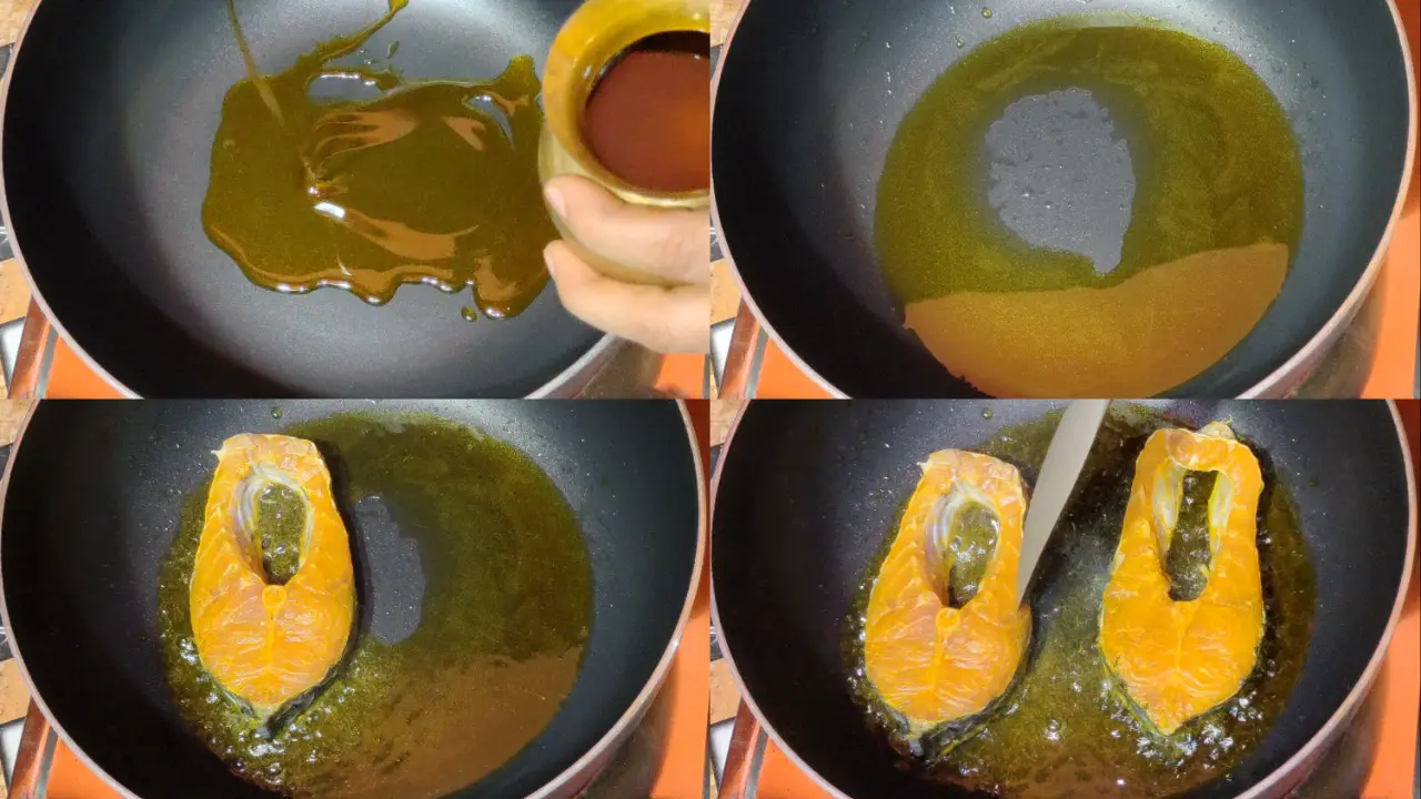 Adding oil and marinated Rohu fish in wok
