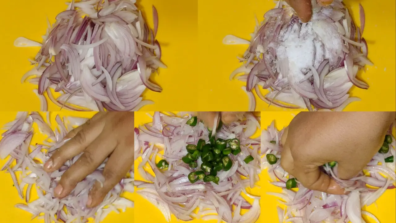 Mixing onion and green chili