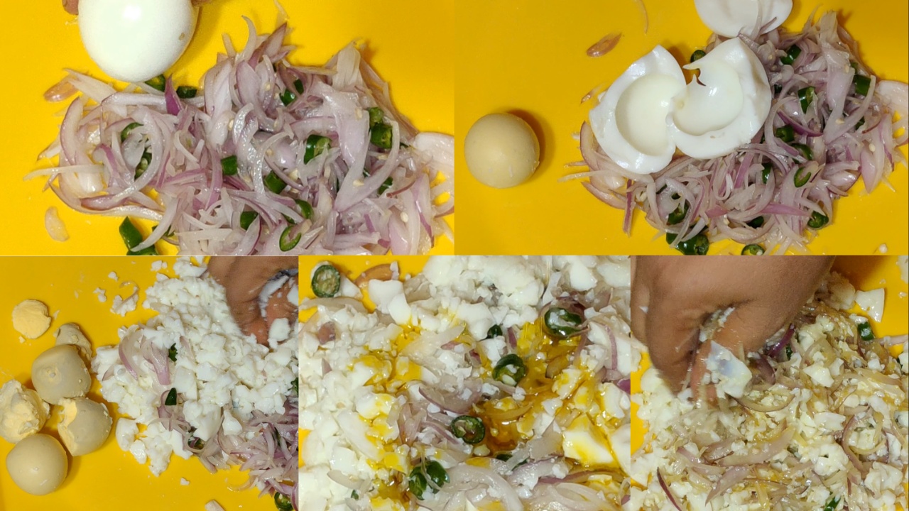 Adding boiled egg, mustard and mixing