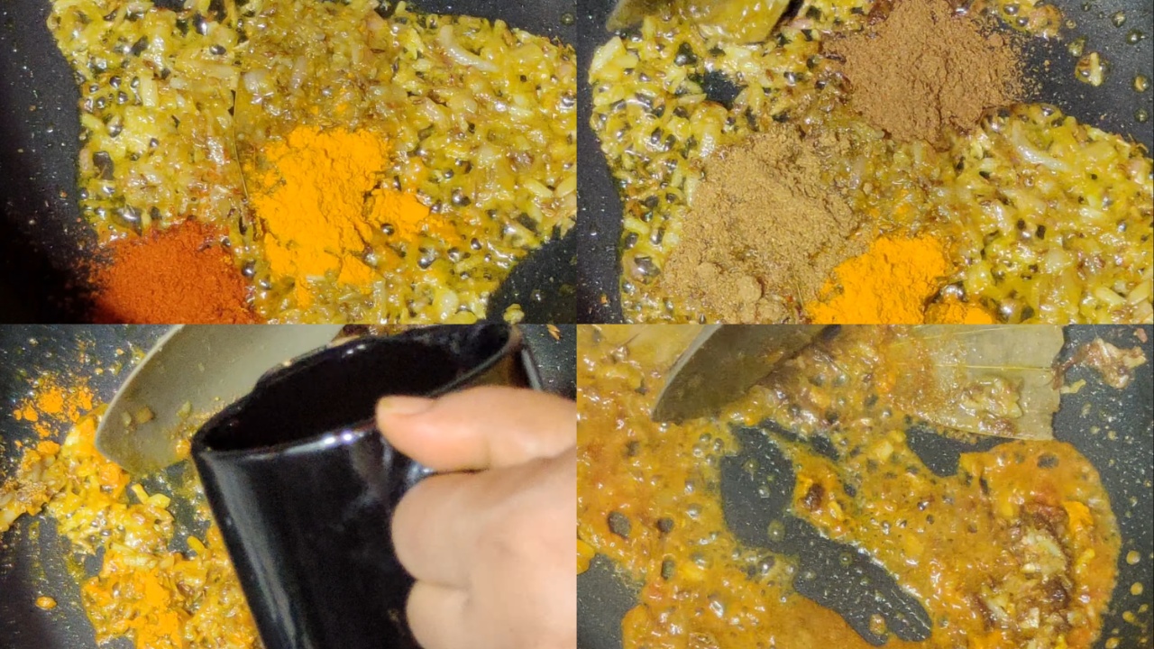 Adding turmeric powder, red chili powder, cumin powder, coriander powder, and water