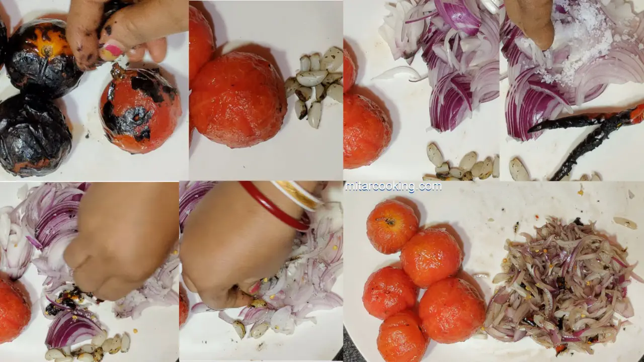 Peeling tomatoes and mixing the onions, red chilis, salt and garlic cloves