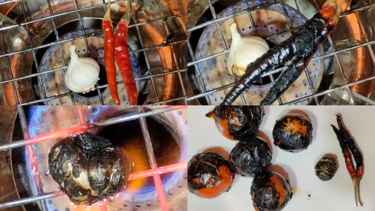 Roasting the garlic cloves and dry red chilis