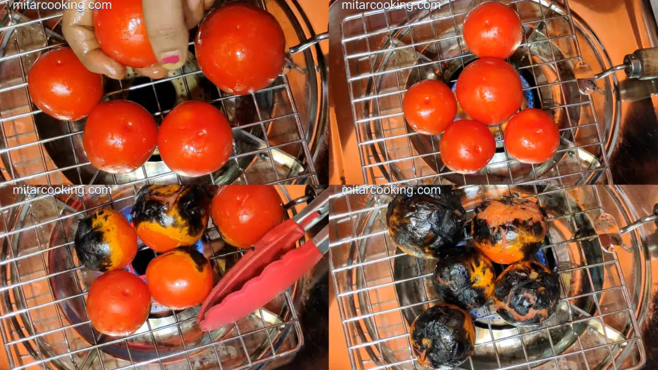 Greasing the tomatoes with mustard oil and roasting
