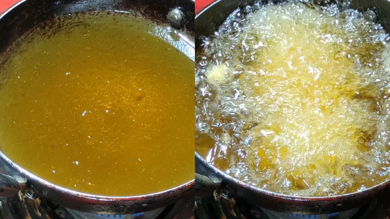 Heating oil in a nonstick wok and fry each pakora