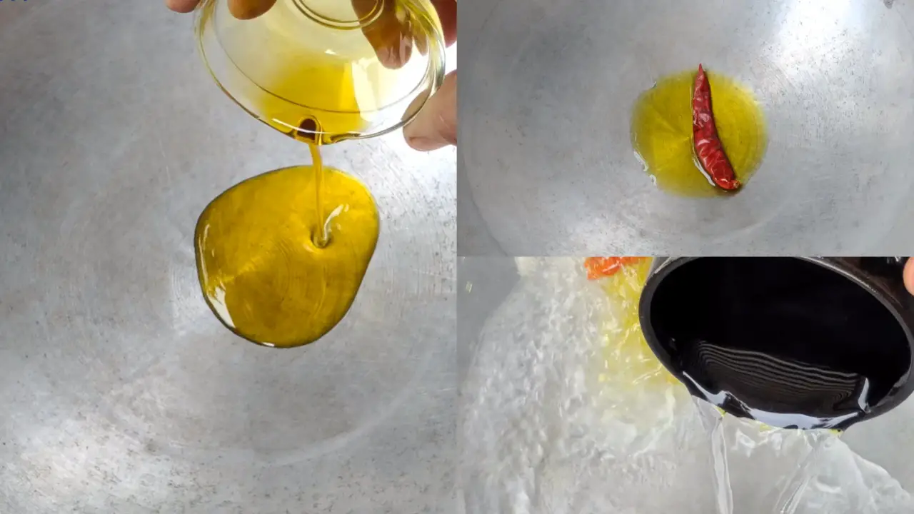 Adding oil, dry red chili, and water