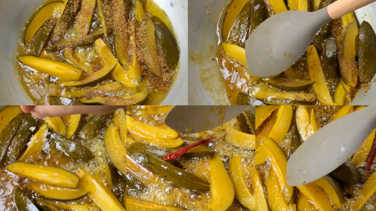 Adding the roasted spice powder, salt, red chili and mix everything 