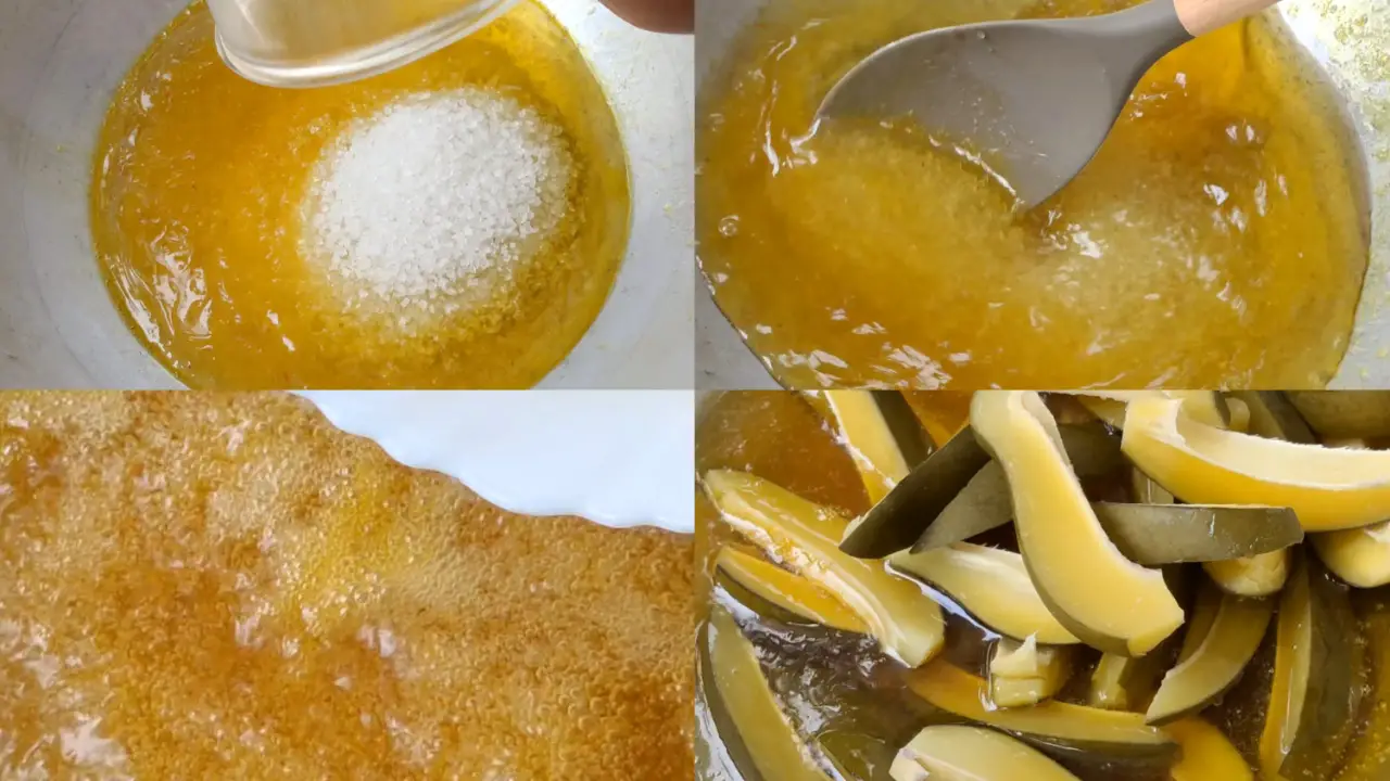 Adding the sugar, parboiled mangoes 