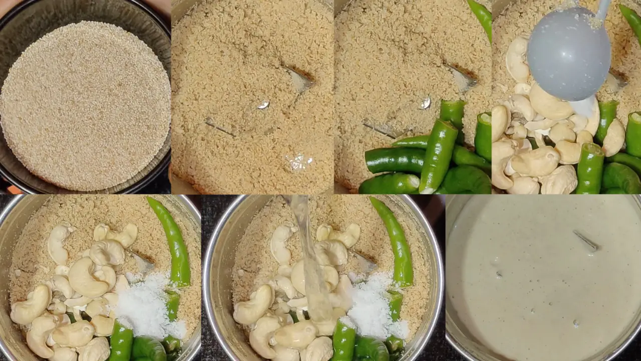 Making poppy seed paste with green chili, salt,cashew nut and water