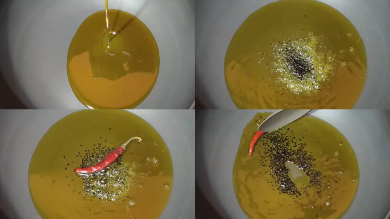 Sauteing nigella seeds and dry red chili