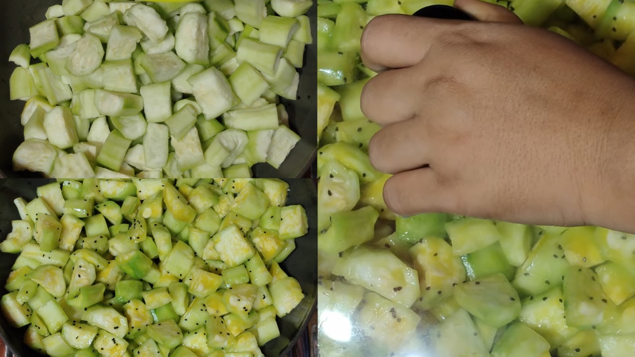 Adding the ridge gourds to the wok and mix