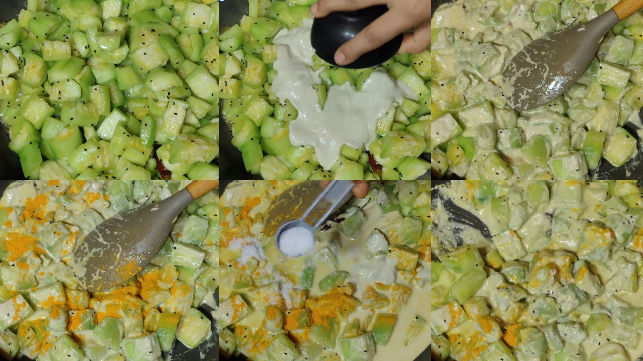 Adding poppy paste into the ridge gourds and mix everything