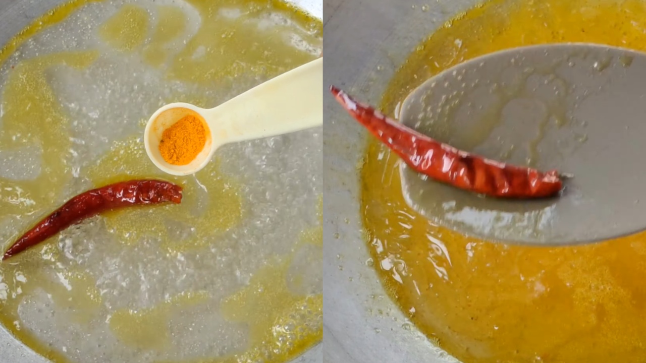 Adding turmeric powder into the boiling water and removing the red chili