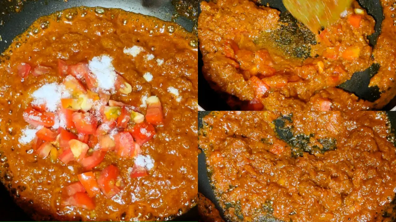 Adding chopped tomatoes, salt and stirring