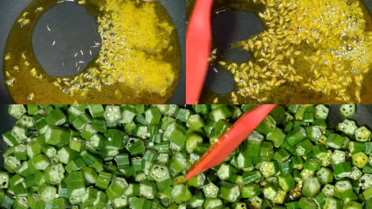 Adding cumin seeds, lady's fingers and stir-frying