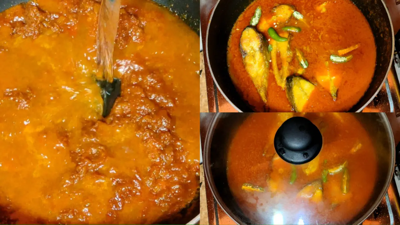 Adding fried fishes. slitted green chilis to the gravy