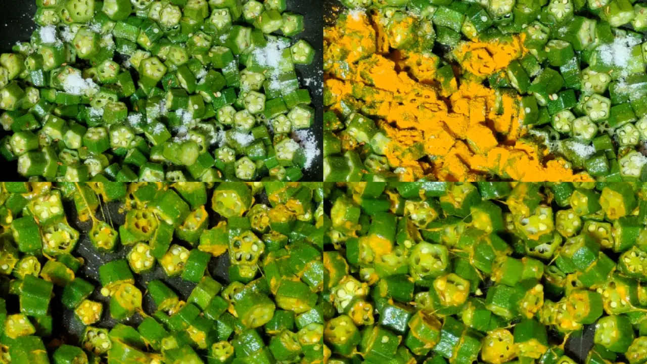 Adding salt, turmeric powder and stir frying