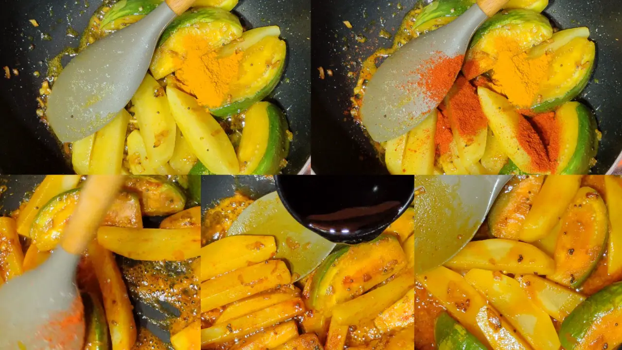Adding turmeric powder, chili powder, water and stirring