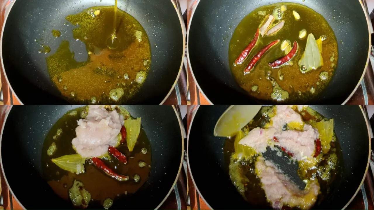 Adding mustard oil, bay leaf, cloves, cardamom pods, cinnamon sticks, onion paste and stir-frying