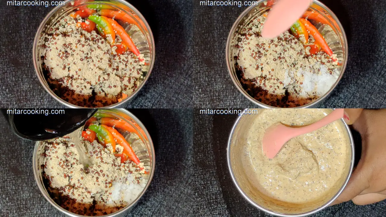 Making a smooth paste of poppy seeds, black mustard seeds, and green chilis
