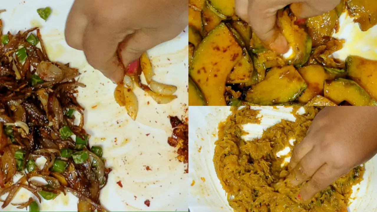 Mashing garlic, cloves and fried pumpkins
