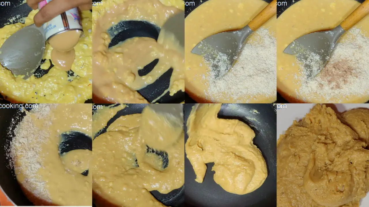 Mixing condensed milk, grated cashews nuts. nutmeg powder