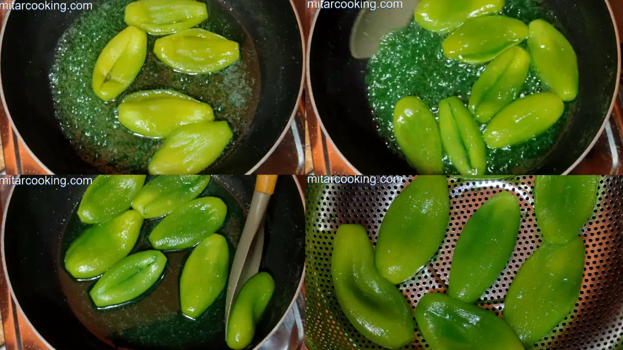 Placing the boiled pointed gourds into the syrup and taking out