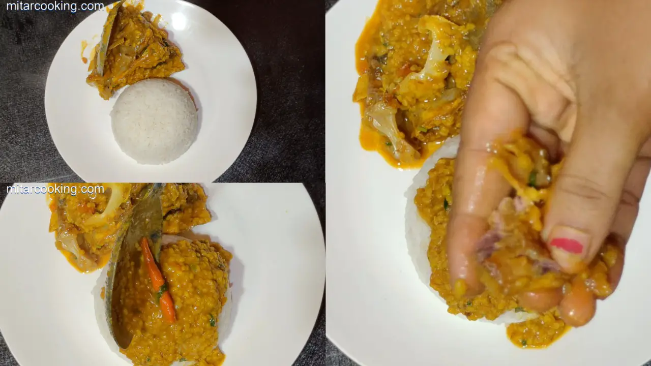 Serving with Macher Matha Diye Moong Dal with rice