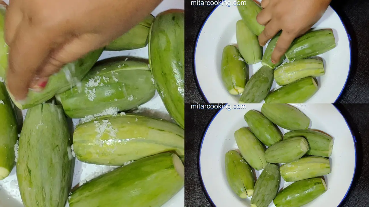 Smearing the pointed gourds with salt
