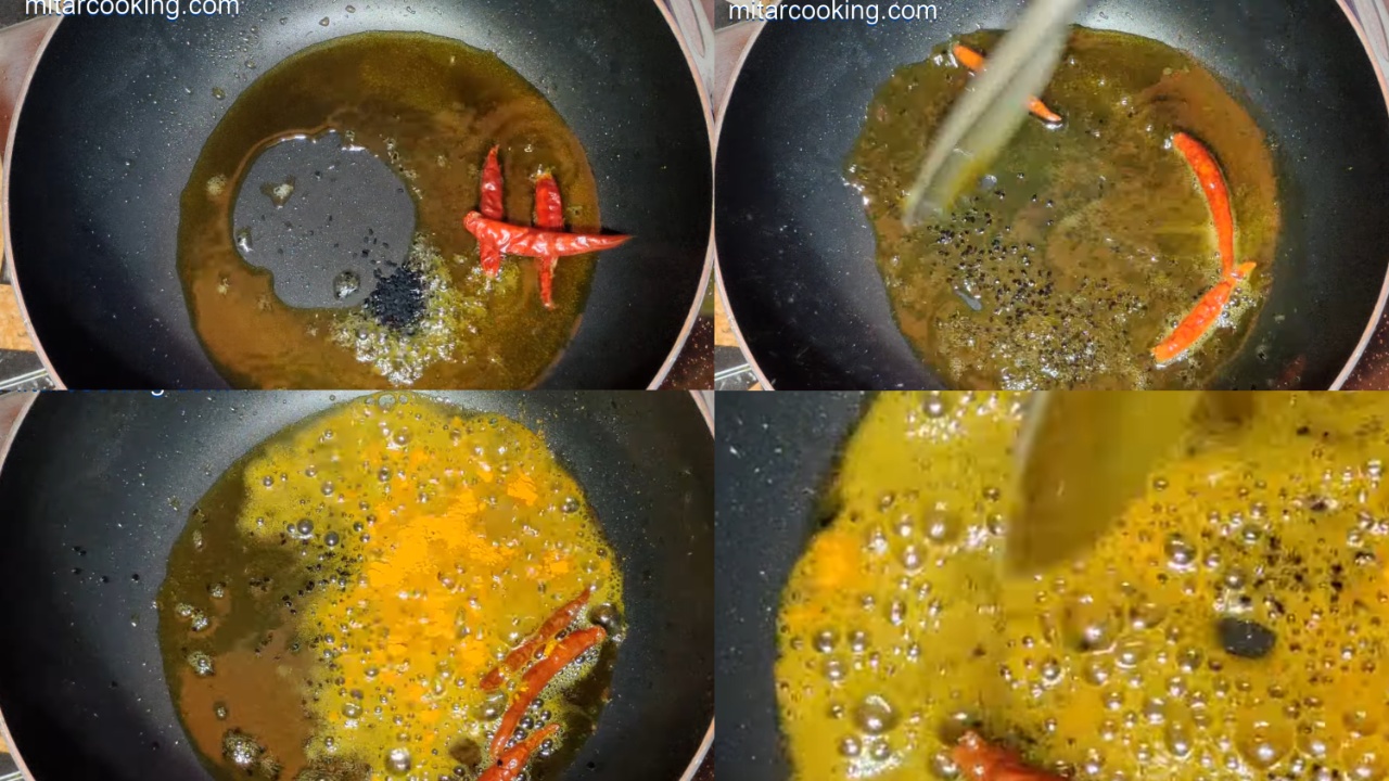 Sauteing nigella seeds, dry red chilis., turmeric powder