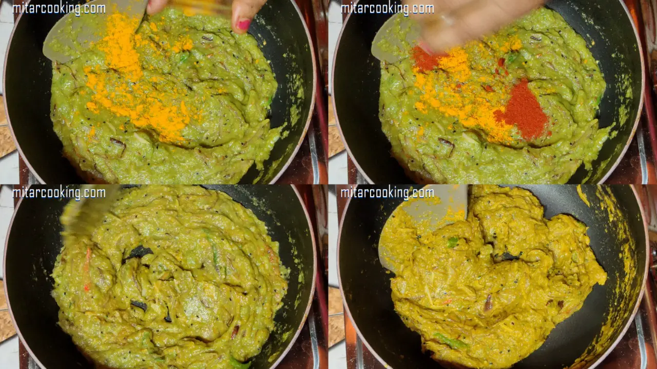 Sprinkling turmeric powder and red chili powder into the mixture
