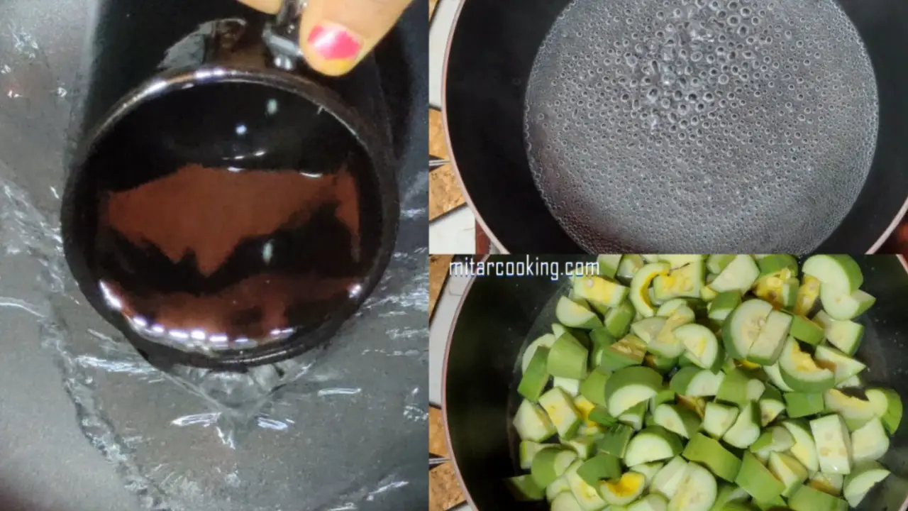 Adding cup of water and pointed gourds to a wok and heating