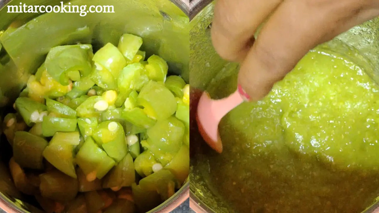 Grinding the boiled pointed gourds or potol into a smooth paste