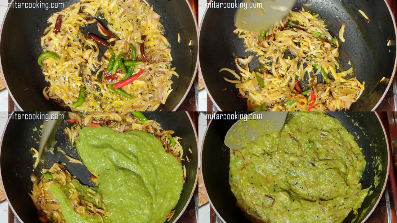 Adding green chilis and pointed gourds paste