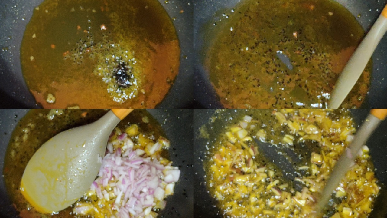 Adding nigella seeds, chopped onions and stir-frying