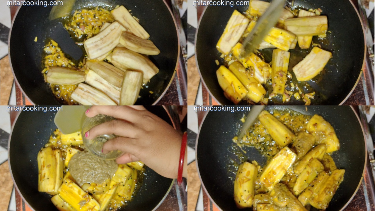 Adding the bananas, chili-ginger-cumin-coriander-black pepper paste