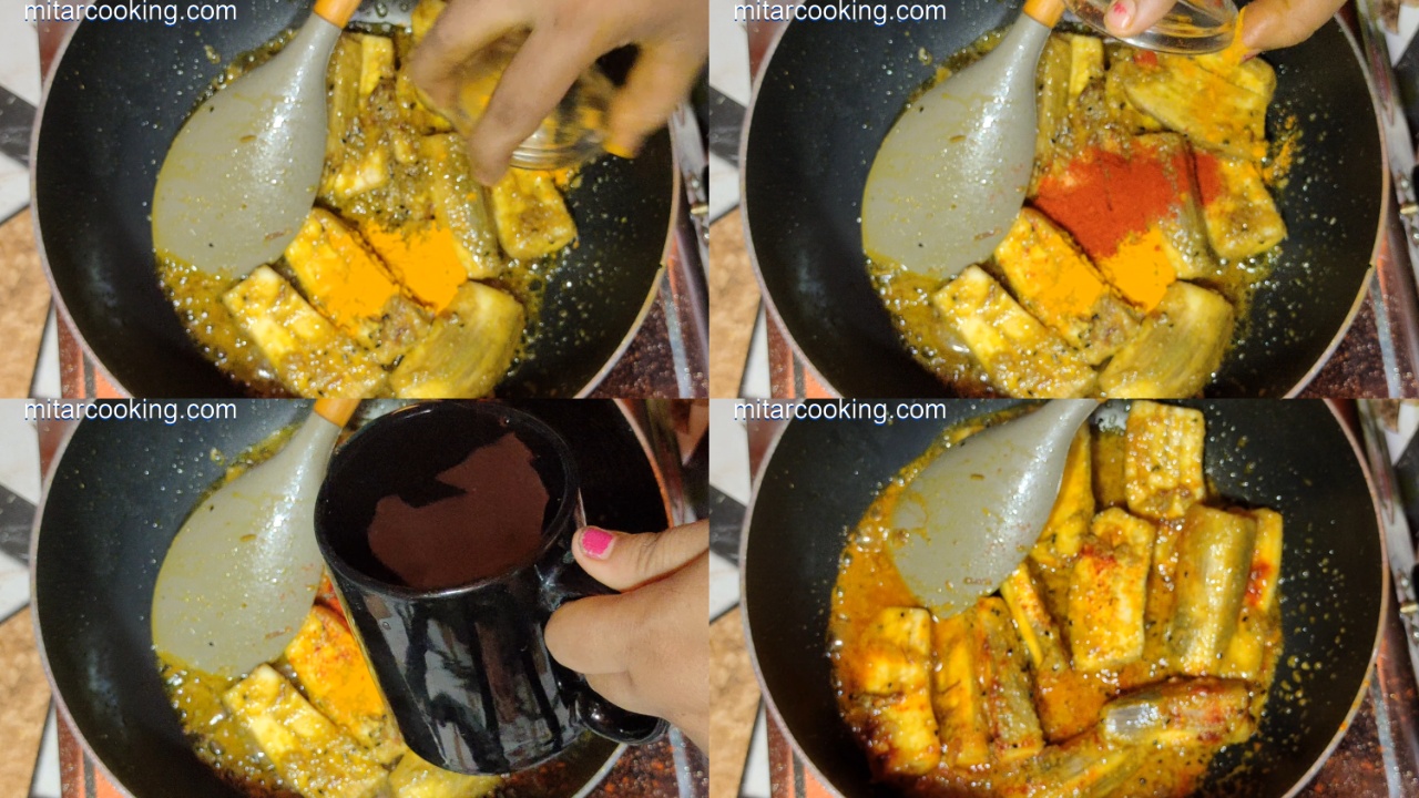 Adding turmeric powder and Kashmiri red chili powder to the mixture
