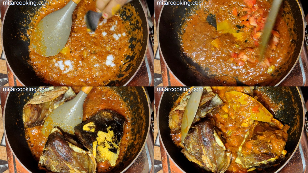 Adding the fried fish heads and mix everything thoroughly.