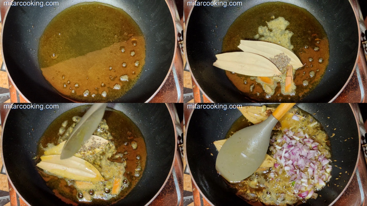 Adding cumin seeds, bay leaves, cinnamon sticks, cardamoms, chopped onions, and lightly frying 